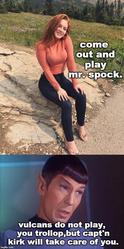 first we go th the shoe shoppe for a sensible pair. | come out and play mr. spock. vulcans do not play, you trollop,but capt'n kirk will take care of you. | image tagged in spock and kirk,redhead,girl fun,shapely n smiley,meme us | made w/ Imgflip meme maker