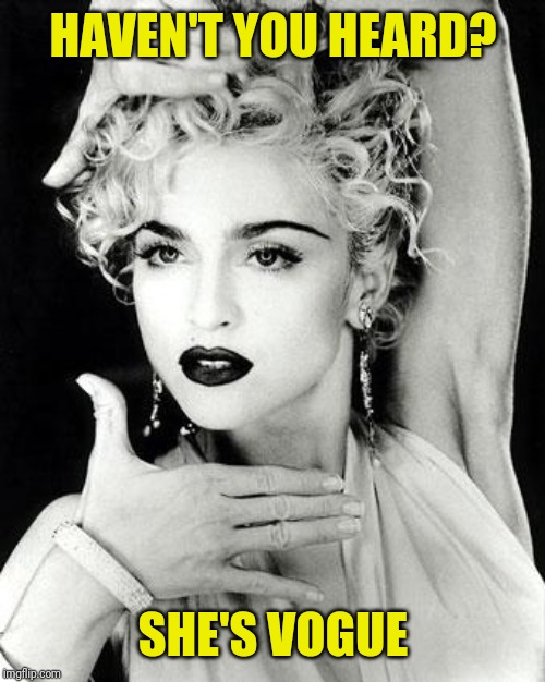 madonna strike a pose | HAVEN'T YOU HEARD? SHE'S VOGUE | image tagged in madonna strike a pose | made w/ Imgflip meme maker