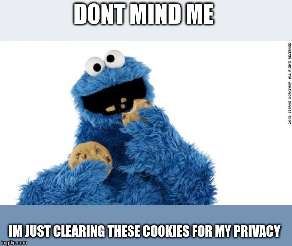 cookie monster | DONT MIND ME; IM JUST CLEARING THESE COOKIES FOR MY PRIVACY | image tagged in cookie monster | made w/ Imgflip meme maker