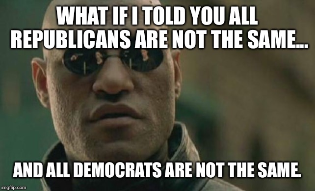 Matrix Morpheus | WHAT IF I TOLD YOU ALL REPUBLICANS ARE NOT THE SAME... AND ALL DEMOCRATS ARE NOT THE SAME. | image tagged in memes,matrix morpheus,politics,republicans,democrats | made w/ Imgflip meme maker