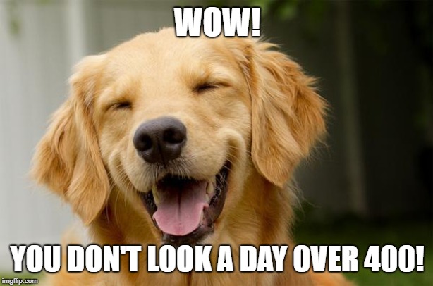 Happy Dog | WOW! YOU DON'T LOOK A DAY OVER 400! | image tagged in happy dog | made w/ Imgflip meme maker
