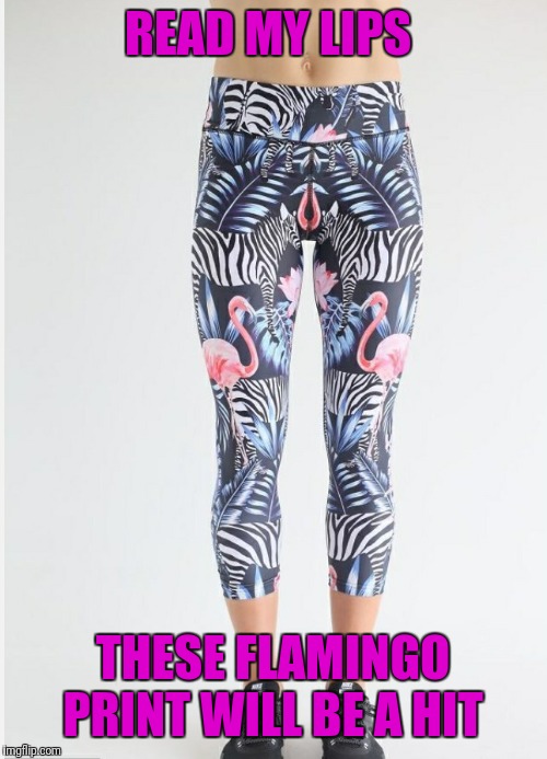The PINK Flamingo | READ MY LIPS; THESE FLAMINGO PRINT WILL BE A HIT | image tagged in yoga pants,flamingo | made w/ Imgflip meme maker