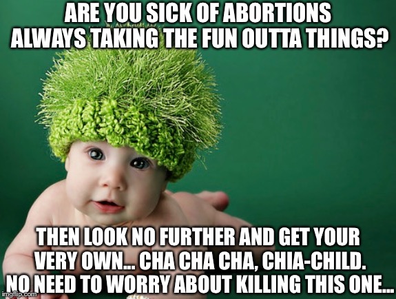 ARE YOU SICK OF ABORTIONS ALWAYS TAKING THE FUN OUTTA THINGS? THEN LOOK NO FURTHER AND GET YOUR VERY OWN... CHA CHA CHA, CHIA-CHILD. NO NEED TO WORRY ABOUT KILLING THIS ONE... | image tagged in plant,baby,grow,abortion | made w/ Imgflip meme maker