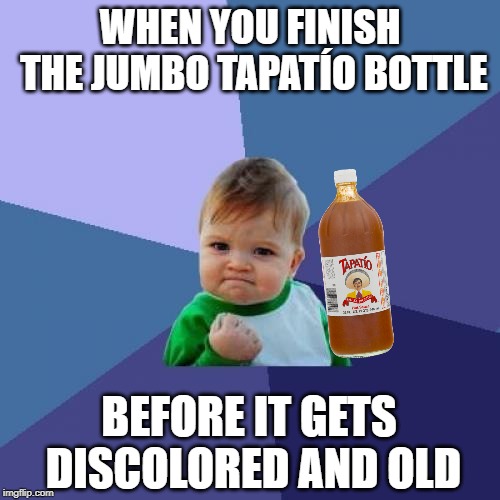 True story! It doesn't happen often | WHEN YOU FINISH THE JUMBO TAPATÍO BOTTLE; BEFORE IT GETS DISCOLORED AND OLD | image tagged in memes,success kid,hot sauce,finished,tapatio | made w/ Imgflip meme maker