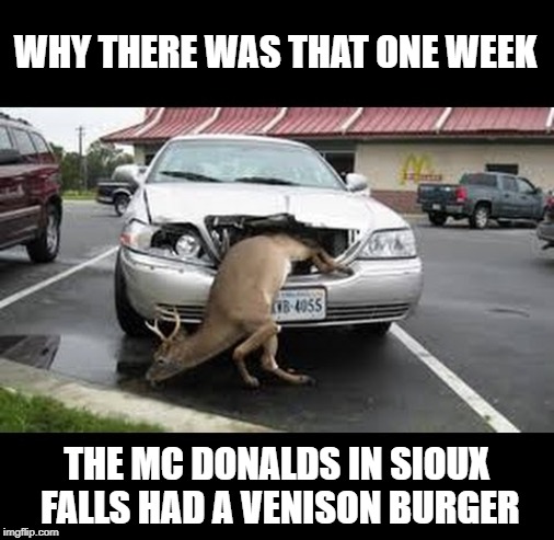 Venison tonight! Auto Atrocities Week April 21-28 a MichiganLibertarian and GrilledCheez event! | WHY THERE WAS THAT ONE WEEK; THE MC DONALDS IN SIOUX FALLS HAD A VENISON BURGER | image tagged in oh dear,memes,auto atrocities week,roadkill | made w/ Imgflip meme maker