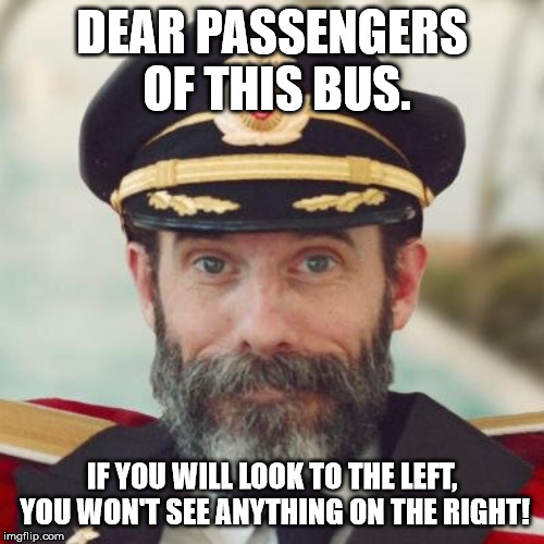 Captain Obvious | DEAR PASSENGERS OF THIS BUS. IF YOU WILL LOOK TO THE LEFT, YOU WON'T SEE ANYTHING ON THE RIGHT! | image tagged in captain obvious | made w/ Imgflip meme maker