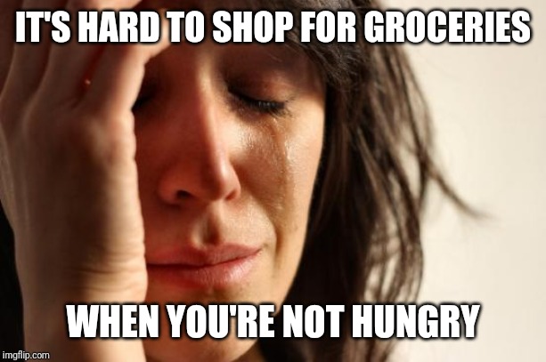 First World Problems Meme | IT'S HARD TO SHOP FOR GROCERIES; WHEN YOU'RE NOT HUNGRY | image tagged in memes,first world problems | made w/ Imgflip meme maker
