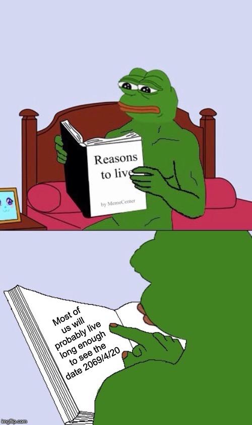 A reason to stay alive | Most of us will probably live long enough to see the date 2069/4/20 | image tagged in blank pepe reasons to live,memes,69,420,date | made w/ Imgflip meme maker