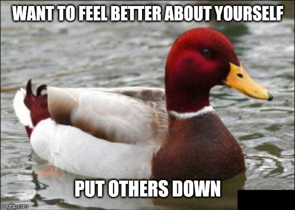 Malicious Advice Mallard | WANT TO FEEL BETTER ABOUT YOURSELF; PUT OTHERS DOWN | image tagged in memes,malicious advice mallard | made w/ Imgflip meme maker