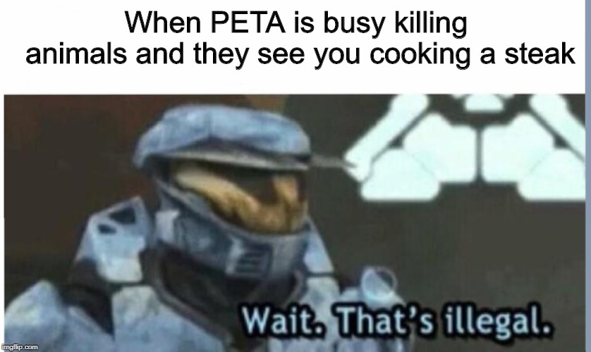 Why am I comparing PFC Leonard Church to People for the ExTermination of Animals? | When PETA is busy killing animals and they see you cooking a steak | image tagged in wait that's illegal,red vs blue,church | made w/ Imgflip meme maker
