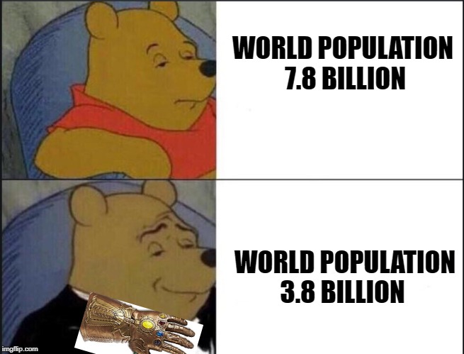 Tuxedo Winnie The Pooh | WORLD POPULATION 7.8 BILLION; WORLD POPULATION 3.8 BILLION | image tagged in winnie the pooh template | made w/ Imgflip meme maker