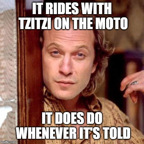 Buffalo Bill Silence of the lambs | IT RIDES WITH TZITZI ON THE MOTO; IT DOES DO WHENEVER IT'S TOLD | image tagged in buffalo bill silence of the lambs | made w/ Imgflip meme maker