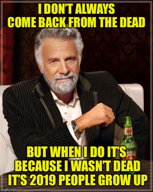 The Most Interesting Man In The World Meme | I DON’T ALWAYS COME BACK FROM THE DEAD BUT WHEN I DO IT’S BECAUSE I WASN’T DEAD IT’S 2019 PEOPLE GROW UP | image tagged in memes,the most interesting man in the world | made w/ Imgflip meme maker