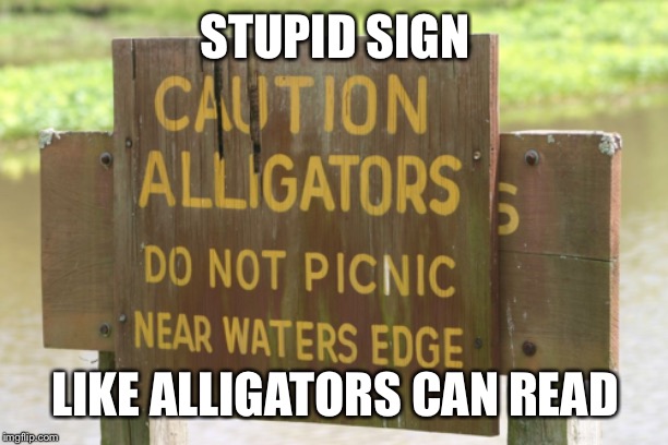 And why shouldn’t they picnic where they want? | STUPID SIGN; LIKE ALLIGATORS CAN READ | image tagged in stupid signs week | made w/ Imgflip meme maker