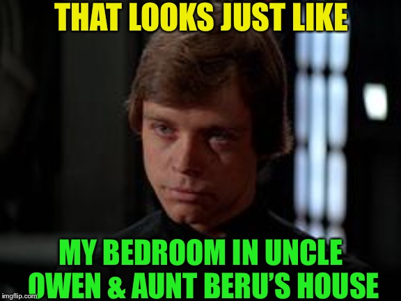 Luke Skywalker | THAT LOOKS JUST LIKE MY BEDROOM IN UNCLE OWEN & AUNT BERU’S HOUSE | image tagged in luke skywalker | made w/ Imgflip meme maker