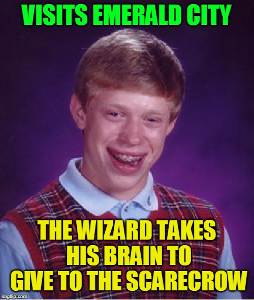 Bad Luck Brian Meme | VISITS EMERALD CITY THE WIZARD TAKES HIS BRAIN TO GIVE TO THE SCARECROW | image tagged in memes,bad luck brian | made w/ Imgflip meme maker