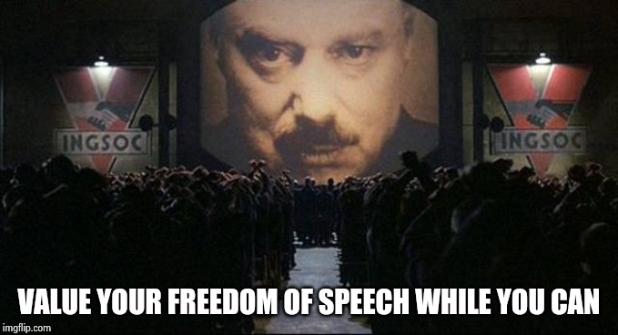 Big Brother 1984 | VALUE YOUR FREEDOM OF SPEECH WHILE YOU CAN | image tagged in big brother 1984 | made w/ Imgflip meme maker