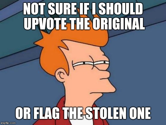 NOT SURE IF I SHOULD UPVOTE THE ORIGINAL OR FLAG THE STOLEN ONE | image tagged in memes,futurama fry | made w/ Imgflip meme maker