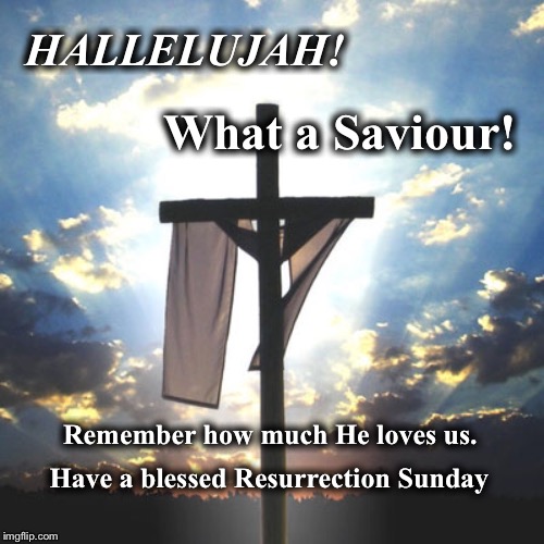 Hallelujah!  What a Saviour! | HALLELUJAH! What a Saviour! Remember how much He loves us. Have a blessed Resurrection Sunday | image tagged in memes,resurrection sunday,blessings | made w/ Imgflip meme maker