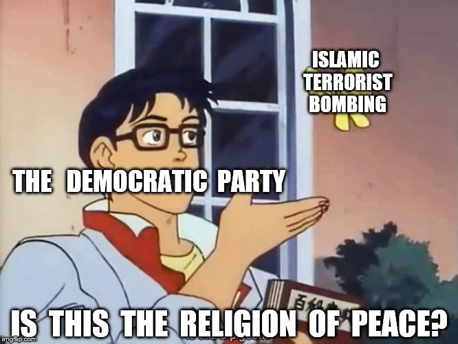 ANIME BUTTERFLY MEME | ISLAMIC TERRORIST BOMBING; THE   DEMOCRATIC  PARTY; IS  THIS  THE  RELIGION  OF  PEACE? | image tagged in anime butterfly meme | made w/ Imgflip meme maker