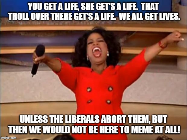 Oprah You Get A Meme | YOU GET A LIFE, SHE GET'S A LIFE.  THAT TROLL OVER THERE GET'S A LIFE.  WE ALL GET LIVES. UNLESS THE LIBERALS ABORT THEM, BUT THEN WE WOULD NOT BE HERE TO MEME AT ALL! | image tagged in memes,oprah you get a | made w/ Imgflip meme maker