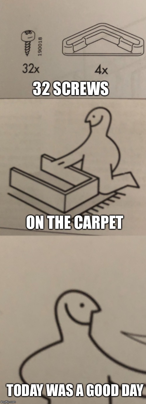 Happy Guy | 32 SCREWS; ON THE CARPET; TODAY WAS A GOOD DAY | image tagged in memes,do it yourself | made w/ Imgflip meme maker
