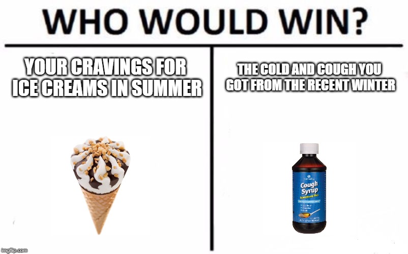 Who Would Win? Meme | YOUR CRAVINGS FOR ICE CREAMS IN SUMMER; THE COLD AND COUGH YOU GOT FROM THE RECENT WINTER | image tagged in memes,who would win | made w/ Imgflip meme maker