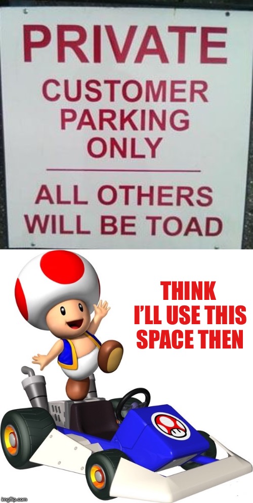 When you gain a personal space for your kart | Stupid Signs Week (April 17-23) A DaBoiIsMeAvery and LordCheesus event | | THINK I’LL USE THIS SPACE THEN | image tagged in video games,super mario kart,toad,winning,gaming,stupid signs week | made w/ Imgflip meme maker