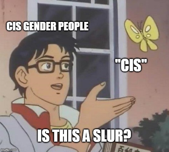 Is This A Pigeon Meme | CIS GENDER PEOPLE; "CIS"; IS THIS A SLUR? | image tagged in memes,is this a pigeon | made w/ Imgflip meme maker
