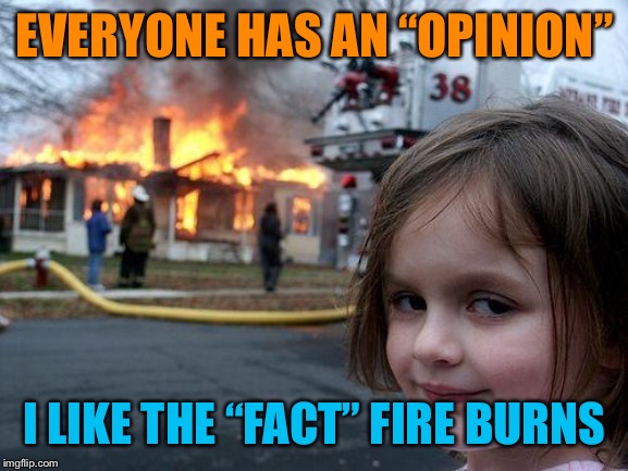 Disaster Girl Meme | EVERYONE HAS AN “OPINION” I LIKE THE “FACT” FIRE BURNS | image tagged in memes,disaster girl | made w/ Imgflip meme maker