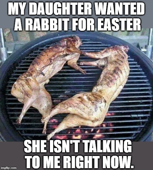 MY DAUGHTER WANTED A RABBIT FOR EASTER; SHE ISN'T TALKING TO ME RIGHT NOW. | image tagged in roasted rabbit | made w/ Imgflip meme maker