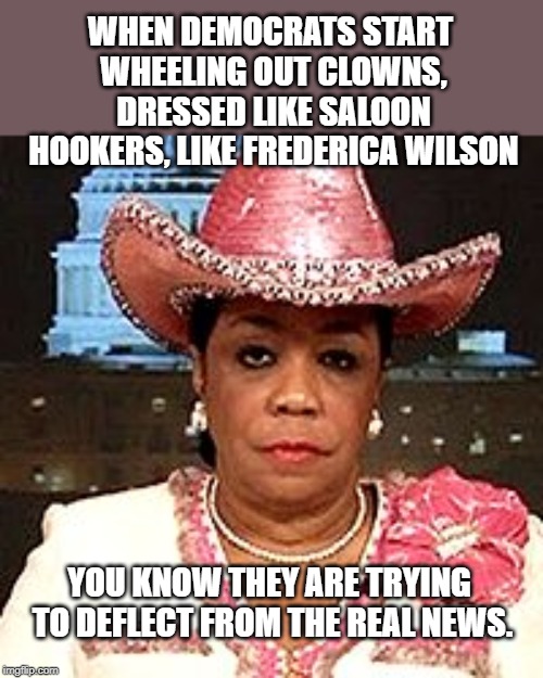 Frederica Wilson | WHEN DEMOCRATS START WHEELING OUT CLOWNS, DRESSED LIKE SALOON HOOKERS, LIKE FREDERICA WILSON; YOU KNOW THEY ARE TRYING TO DEFLECT FROM THE REAL NEWS. | image tagged in frederica wilson | made w/ Imgflip meme maker