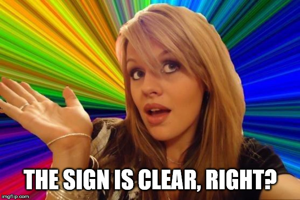 Dumb Blonde Meme | THE SIGN IS CLEAR, RIGHT? | image tagged in memes,dumb blonde | made w/ Imgflip meme maker