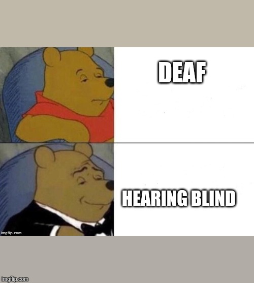Tuxedo Winnie The Pooh Meme | DEAF; HEARING BLIND | image tagged in tuxedo winnie the pooh | made w/ Imgflip meme maker