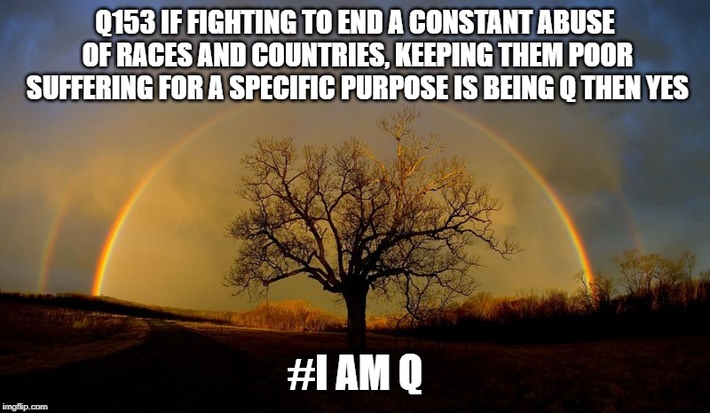 I Am Q | Q153 IF FIGHTING TO END A CONSTANT ABUSE OF RACES AND COUNTRIES, KEEPING THEM POOR SUFFERING FOR A SPECIFIC PURPOSE IS BEING Q THEN YES; #I AM Q | image tagged in memes | made w/ Imgflip meme maker