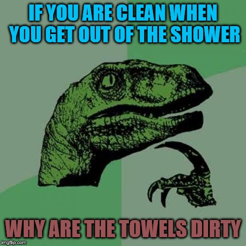 showerthoughts | IF YOU ARE CLEAN WHEN YOU GET OUT OF THE SHOWER; WHY ARE THE TOWELS DIRTY | image tagged in memes,philosoraptor | made w/ Imgflip meme maker
