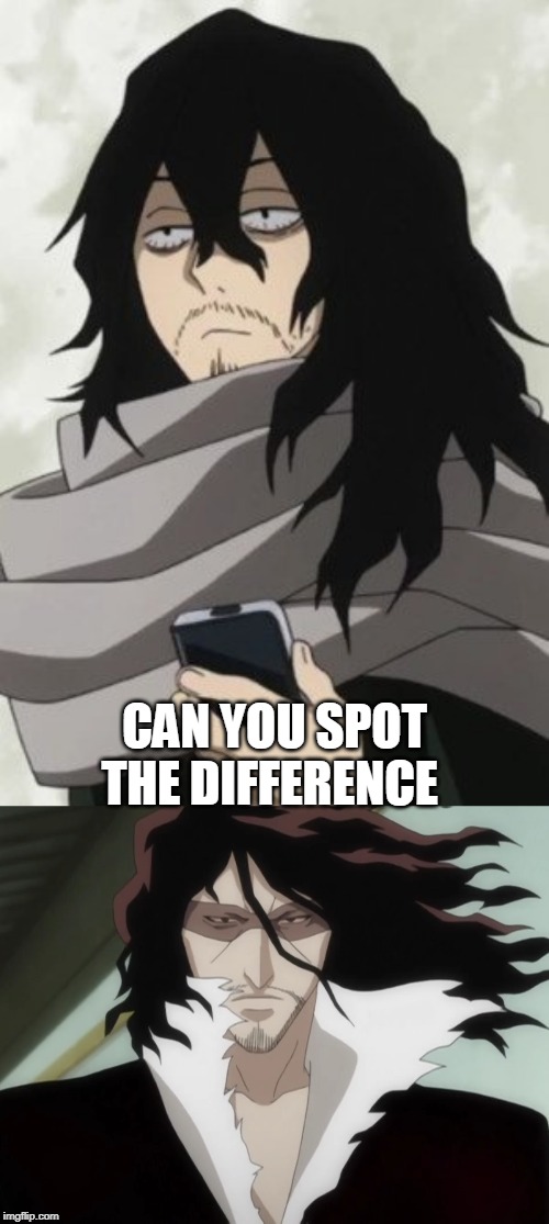 aizawa and zangetsu | CAN YOU SPOT THE DIFFERENCE | image tagged in bleach,my hero academia | made w/ Imgflip meme maker