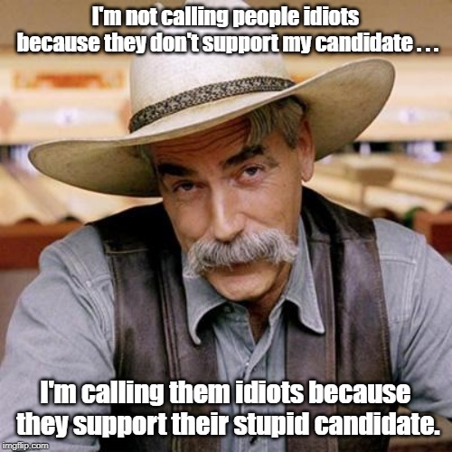 Just to clarify | I'm not calling people idiots because they don't support my candidate . . . I'm calling them idiots because they support their stupid candidate. | image tagged in sarcasm cowboy | made w/ Imgflip meme maker