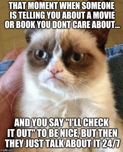 Grumpy Cat | THAT MOMENT WHEN SOMEONE IS TELLING YOU ABOUT A MOVIE OR BOOK YOU DONT CARE ABOUT... AND YOU SAY "I'LL CHECK IT OUT" TO BE NICE, BUT THEN THEY JUST TALK ABOUT IT 24/7 | image tagged in memes,grumpy cat | made w/ Imgflip meme maker