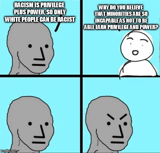 white knightmare syndrome | WHY DO YOU BELIEVE THAT MINORITIES ARE SO INCAPABLE AS NOT TO BE ABLE EARN PRIVILEGE AND POWER? RACISM IS PRIVILEGE PLUS POWER, SO ONLY WHITE PEOPLE CAN BE RACIST | image tagged in npc meme | made w/ Imgflip meme maker