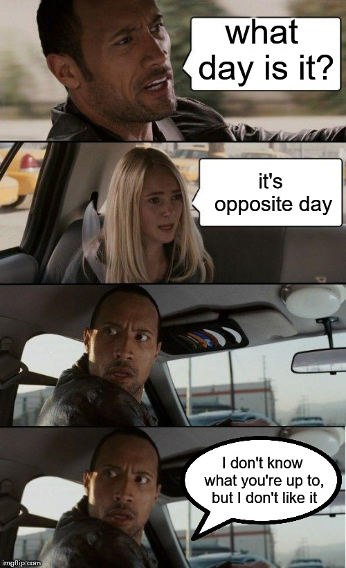 Wait, so it's opposite day... but then it wouldn't be opposite day... but that would only work on opposite day... AHH! | what day is it? it's opposite day; I don't know what you're up to, but I don't like it | image tagged in memes,the rock driving | made w/ Imgflip meme maker