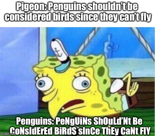 Mocking Spongebob Meme | Pigeon: Penguins shouldn’t be considered birds since they can’t fly; Penguins: PeNgUiNs ShOuLd’Nt Be CoNsIdErEd BiRdS sInCe ThEy CaNt FlY | image tagged in memes,mocking spongebob | made w/ Imgflip meme maker