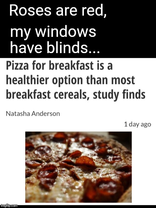 My kind of study | Roses are red, my windows have blinds... | image tagged in memes,funny memes,roses are red,pizza,poem | made w/ Imgflip meme maker