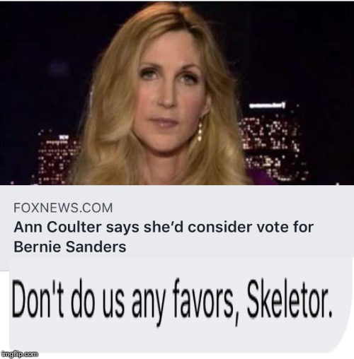 Curse of the Coulter | image tagged in skeletor,ann coulter,bernie sanders,vote bernie sanders | made w/ Imgflip meme maker