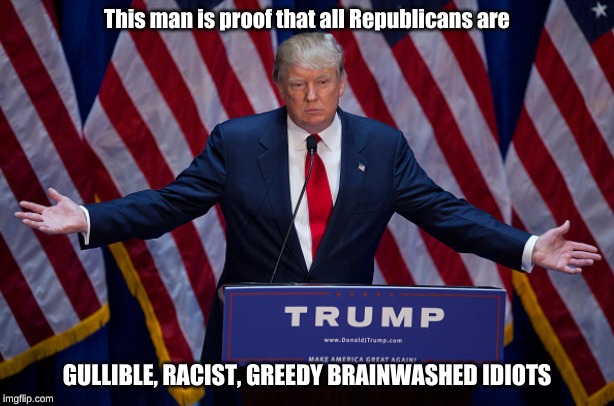 Donald Trump | This man is proof that all Republicans are; GULLIBLE, RACIST, GREEDY BRAINWASHED IDIOTS | image tagged in donald trump | made w/ Imgflip meme maker