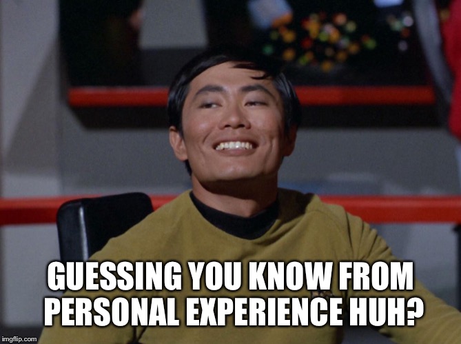 Sulu smug | GUESSING YOU KNOW FROM PERSONAL EXPERIENCE HUH? | image tagged in sulu smug | made w/ Imgflip meme maker