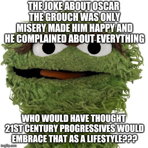 Oscar the progressive? | THE JOKE ABOUT OSCAR THE GROUCH WAS ONLY MISERY MADE HIM HAPPY AND HE COMPLAINED ABOUT EVERYTHING; WHO WOULD HAVE THOUGHT 21ST CENTURY PROGRESSIVES WOULD EMBRACE THAT AS A LIFESTYLE??? | image tagged in oscar the grouch | made w/ Imgflip meme maker