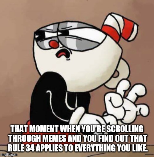 Why? Just... Why?! | THAT MOMENT WHEN YOU'RE SCROLLING THROUGH MEMES AND YOU FIND OUT THAT RULE 34 APPLIES TO EVERYTHING YOU LIKE. | image tagged in cuphead,rule 34,gross | made w/ Imgflip meme maker
