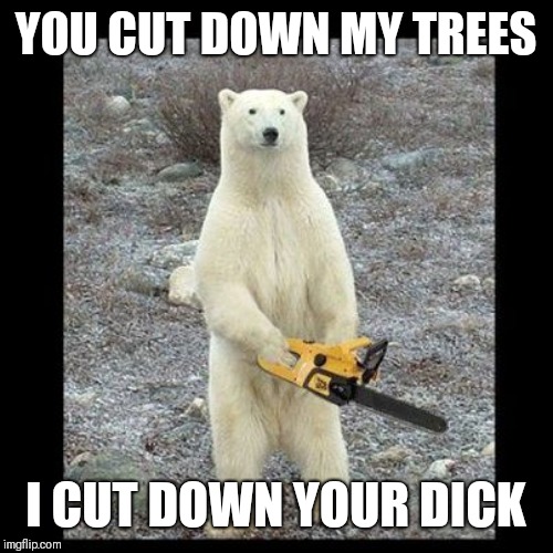 Chainsaw Bear Meme | YOU CUT DOWN MY TREES; I CUT DOWN YOUR DICK | image tagged in memes,chainsaw bear | made w/ Imgflip meme maker