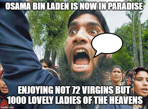 Crazed Muslim | OSAMA BIN LADEN IS NOW IN PARADISE; ENJOYING NOT 72 VIRGINS BUT 1000 LOVELY LADIES OF THE HEAVENS | image tagged in crazed muslim | made w/ Imgflip meme maker